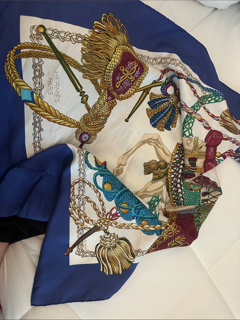 Hermès Le Timbalier Silk Scarf 90 Blue White Gold Multicolor Equestrian Carré